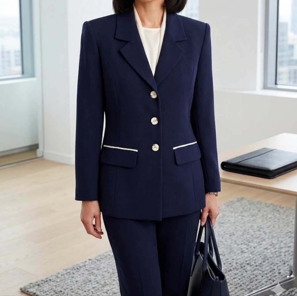 Principles Petite Navy Blue Blazer Cream Piping Vintage